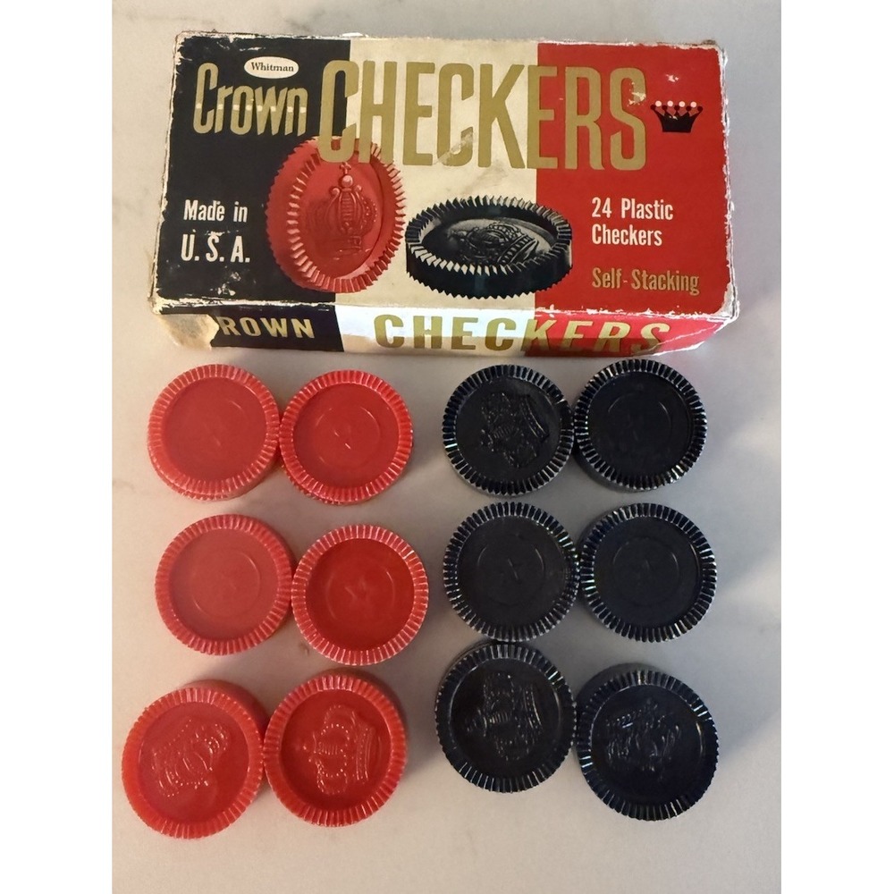 Vintage Whitman Brand Crown Checkers Self Stacking 24 Piece Plastic Red & Black